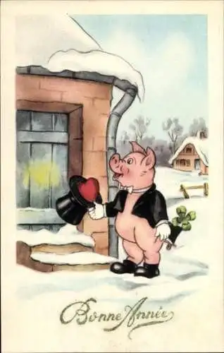 Ak Glückwunsch Neujahr, vermenschlichtes Schwein, Klee, Herz