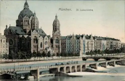 Ak München, St. Lukas Kirche, Brücke, Wehr