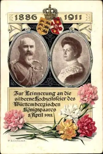 Künstler Ak Schnorr, König Wilhelm II v. Württemberg, Königin Charlotte, Silberhochzeit 1911, Wappen