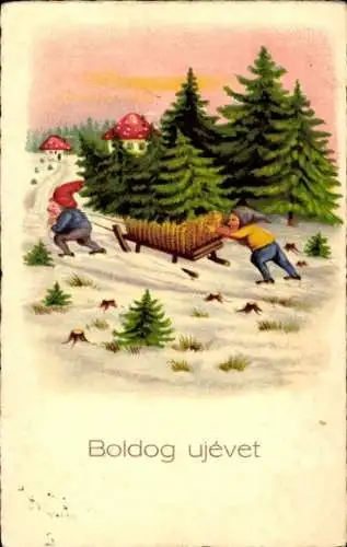 Ak Glückwunsch Geburtstag, Zwerge, Schlitten, Tannenbäume
