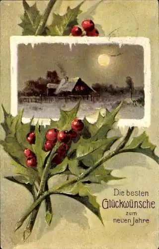 Ak Glückwunsch Neujahr, Stechpalmen, Beeren, Wohnhaus im Mondlicht