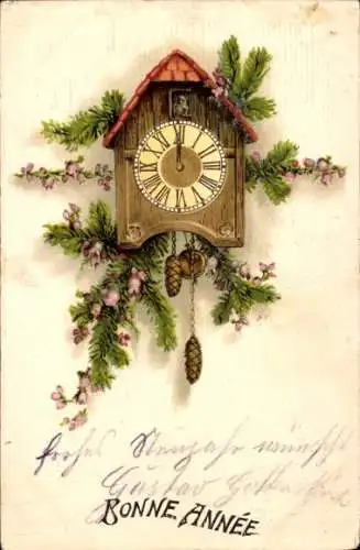 Ak Glückwunsch Neujahr, Uhr, Tannenzweige, Tannenzapfen