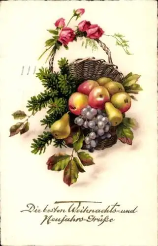 Ak Glückwunsch Weihnachten und Neujahr, Korb, Früchte, Tannenzweige