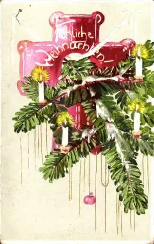 Präge Ak Glückwunsch Weihnachten, Tannenzweige, Kerzen