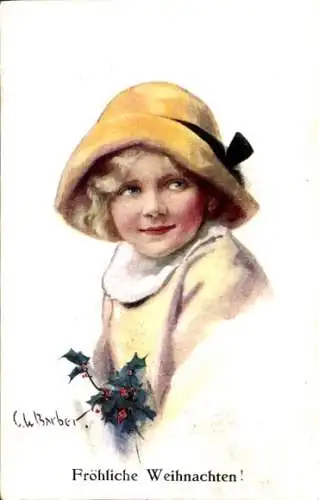Künstler Ak Barber, C., Glückwunsch Weihnachten, Mädchen-Porträt, Stechpalme
