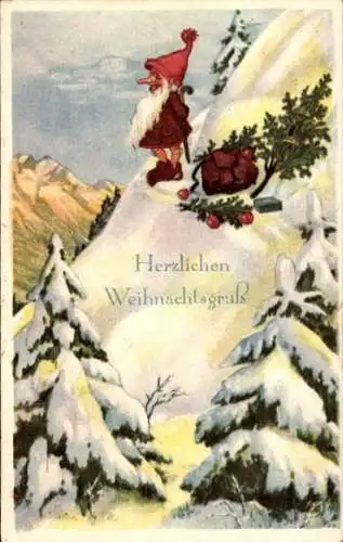 Ak Glückwunsch Weihnachten, Zwerg beim Wandern, Tannenbäume