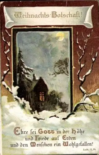 Ak Glückwunsch Weihnachten, Wohnhaus, Mond, Bibelzitat, Ehre sei Gott in der Höhe..., Luk. 2,14