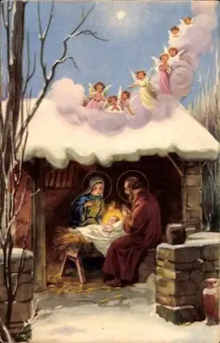 Ak Weihnachten, Maria, Josef, Jesuskind, Singende Engel
