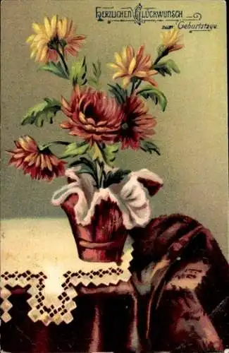 Ak Glückwunsch Geburtstag, Blumen, Tisch, Blumentopf