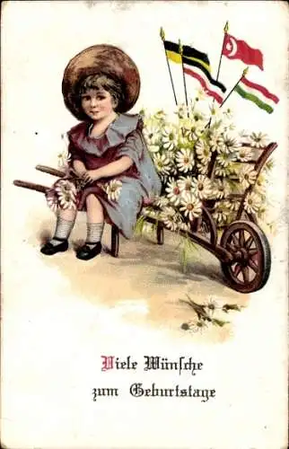 Ak Glückwunsch Geburtstag, Mädchen, Schubkarre, Blumen, Fahnen