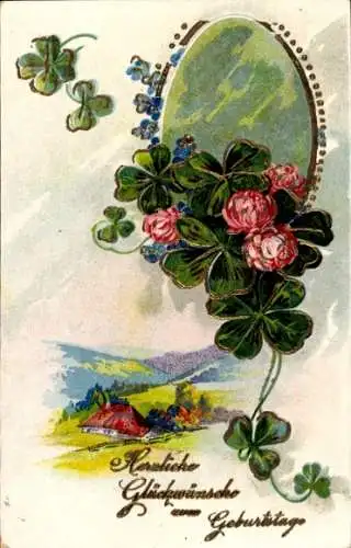 Ak Glückwunsch Geburtstag, Glücksklee, Wohnhaus