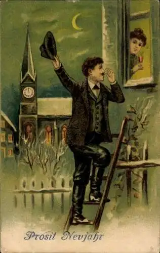 Ak Glückwunsch Neujahr, Mann auf der Leiter, Besuch, Frau mit Sektglas, Uhr