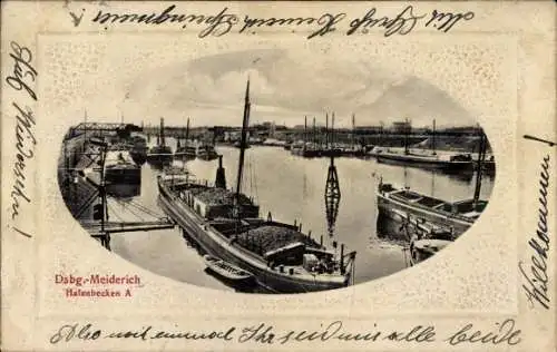 Ak Meiderich Duisburg im Ruhrgebiet, Hafenbecken A, Frachtschiffe