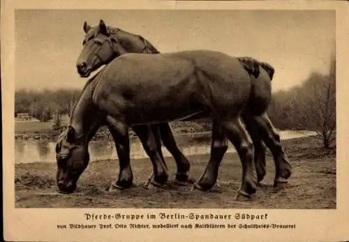 Ak Berlin Spandau, Südpark, Pferdegruppe v. Bildhauer Otto Richter, Kaltblüter, Schultheiss Brauerei