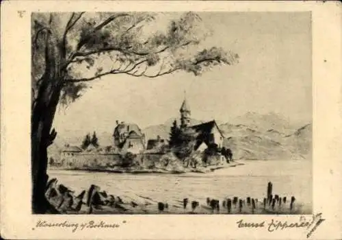 Künstler Ak Wasserburg am Bodensee Schwaben, Teilansicht, Kirche