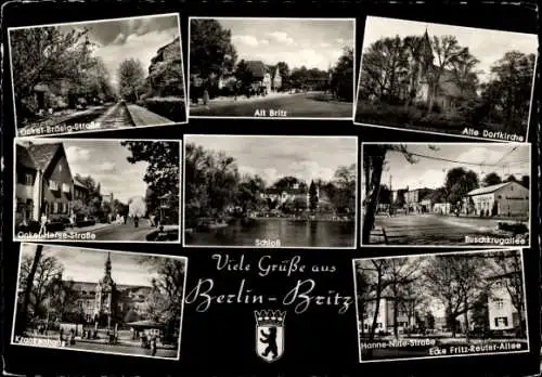 Ak Berlin Neukölln Britz, Alte Dorfkirche, Buschkrugallee, Schloss, Wappen, Krankenhaus