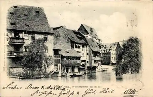 Ak Nürnberg Bayern, Wasserpartie am Sand, Wohnhäuser, Bäume
