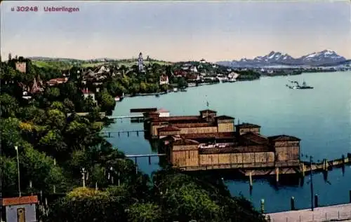 Ak Überlingen am Bodensee, Panorama, Dampfer, Anleger