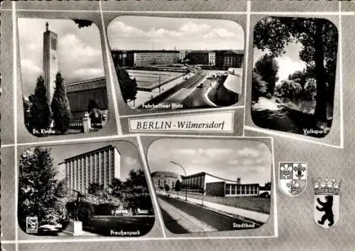 Ak Berlin Wilmersdorf, Ev. Kirche, Fehrbelliner Platz, Volkspark, Preußenpark, Stadtbad