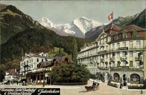 Ak Interlaken Kt. Bern Schweiz, Terminus Hotel Bahnhof, Pension Bristol