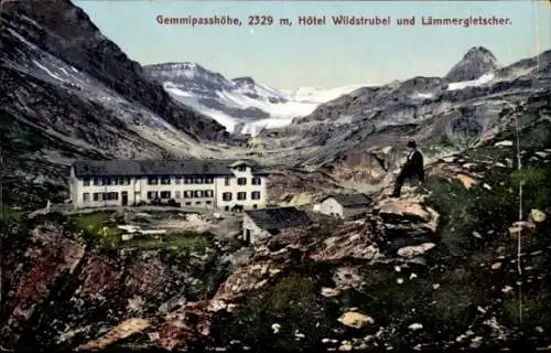 Ak Gemmi Leukerbad Kanton Wallis, Gemmipasshöhe, Hôtel Wildstrubel und Lämmergletscher