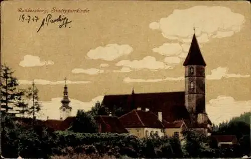 Ak Bad Radkersburg Steiermark, Stadtpfarrkirche, Wolken, historische Architektur, 19. Juli 191...