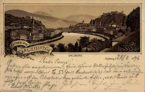 Ak Salzburg in Österreich, Gruss aus  schöne Landschaft, Festung Hohensalzburg, Fluss