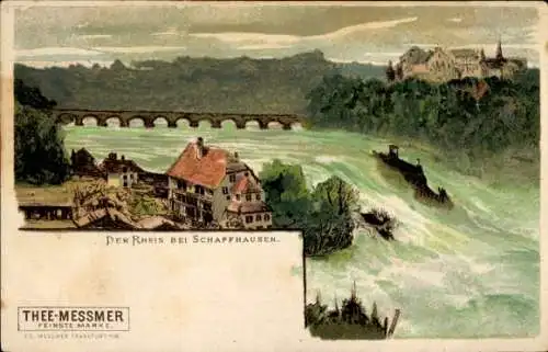 Künstler Litho Biese, Schaffhausen am Rhein Schweiz, Landschaft, Rheinfall, Reklame, Thee Messmer