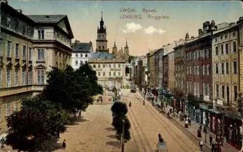 Ak Lwiw Lwów Lemberg Ukraine, Historische Ansicht, Stadtplatz, Gebäude, Straßenbahn, Menschen