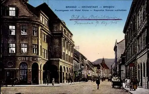 Ak Brașov Brassó Kronstadt Rumänien, Purzengasse mit Hotel Krone