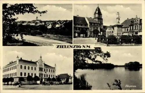 Ak Sulęcin Zielenzig Ostbrandenburg, Marktplatz, Rathaus, Bürgersee, Gesamtansicht