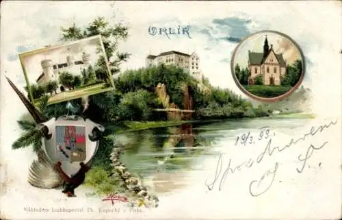 Künstler Litho Orlik nad Vltavou Südböhmen, Schloss, Wappen, Fluss