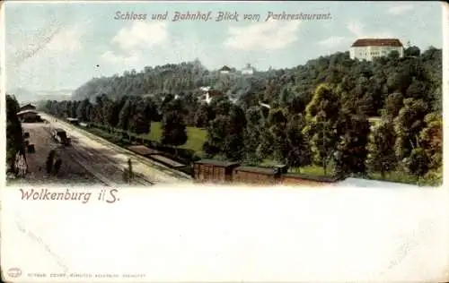 Ak Wolkenburg an der Mulde Limbach Oberfrohna Sachsen, Schloss, Bahnhof vom Parkrestaurant aus