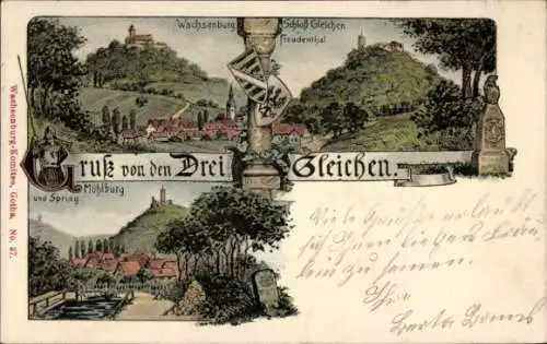 Litho Drei Gleichen Thüringen, Wachsenburg, Schloss Gleichen, Mühlburg und Spring