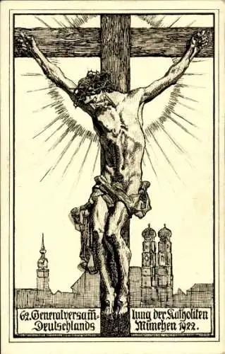 Ak München, Hofbräuhaus, Kruzifix, katholische Versammlung, Münchener Skyline