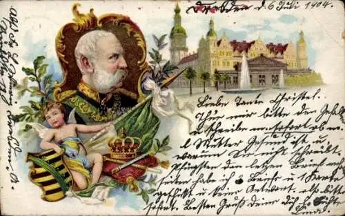 Litho Dresden, Schloss, König Albert, Wappen, Fahnen, Engel