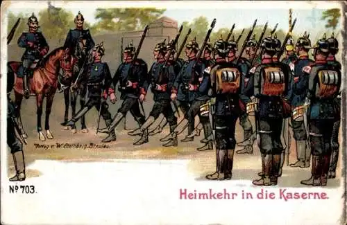 Ak Heimkehr in die Kaserne, Deutsche Soldaten in Uniformen, Soldatenleben, Kaiserzeit