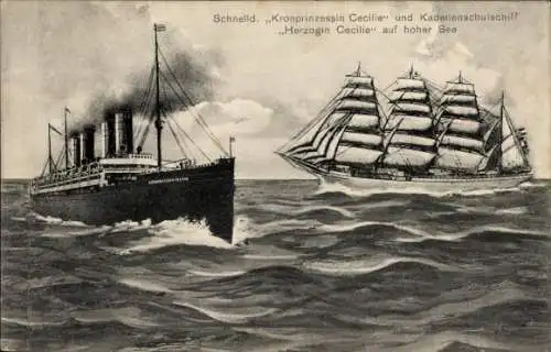 Ak Schnelldampfer Kronprinzessin Cecile, NDL, Kadettenschulschiff Herzogin Cecilie, Segelschiff
