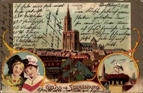 Ak Strasbourg Straßburg Elsass Bas Rhin, Münster, Frauen in Tracht, Storchennest