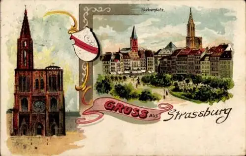 Ak Strasbourg Straßburg Elsass Bas Rhin, Kleberplatz, Münster, Wappen