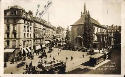 Ak Lausanne Kt Waadt, Place St. Francois, Straßenbahnen, Kirche, Verkehr