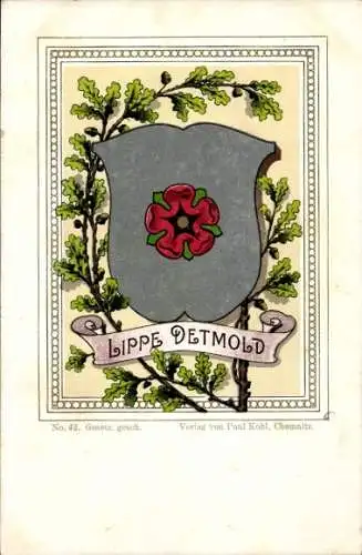 Wappen Litho Lippe Detmold, Rose, Eichenlaub, Verlag Paul Kohl Chemnitz, No. 42