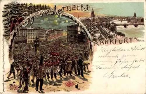 Winter Litho Frankfurt am Main, Glückwunsch Neujahr,Auf der Zeil, Stadtblick, Brücke, Silvesternacht