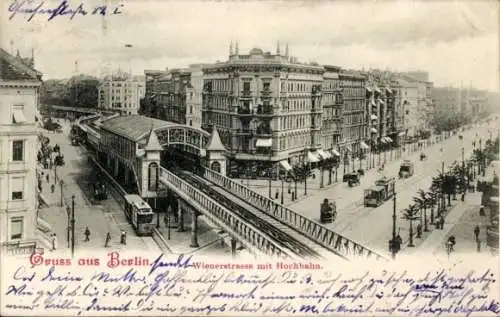 Ak Berlin Kreuzberg, Wiener Straße mit Bahnhof der Hochbahn, Straßenbahn, Geschäft 