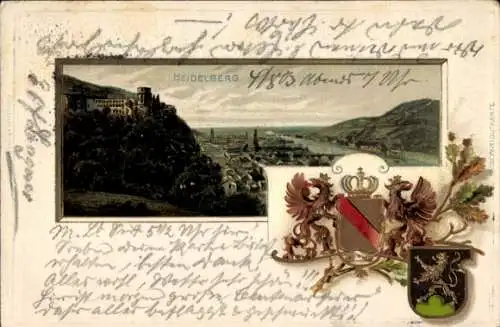 Präge Wappen Litho Heidelberg am Neckar, Totalansicht mit dem Schloss