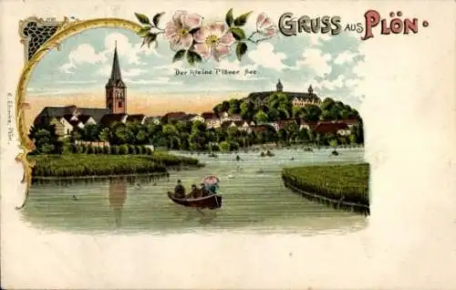 Litho Plön in Schleswig Holstein, Der kleine Plöner See, Ruderboot, Kirche
