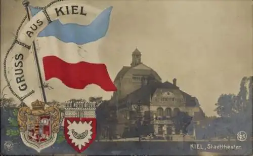 Ak Kiel, Stadttheater, Flagge, Wappen, Gruss aus Kiel