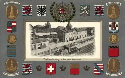 Präge Wappen Passepartout Ak Bettemburg Bettemburg Luxemburg, Gare, Perron