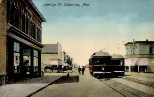 Ak Edmonton Alberta Kanada, Namayo St.,  Alta., Straßenbahn, Geschäfte, Pferd