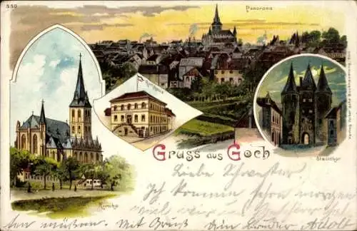 Litho Goch am Niederrhein, Kirche, Steintor, Panorama, Rathaus